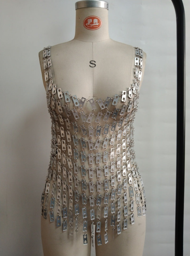 Women Clothing Sexy Sequined Top Square Acrylic Hollow Out Cutout Nightclub Party