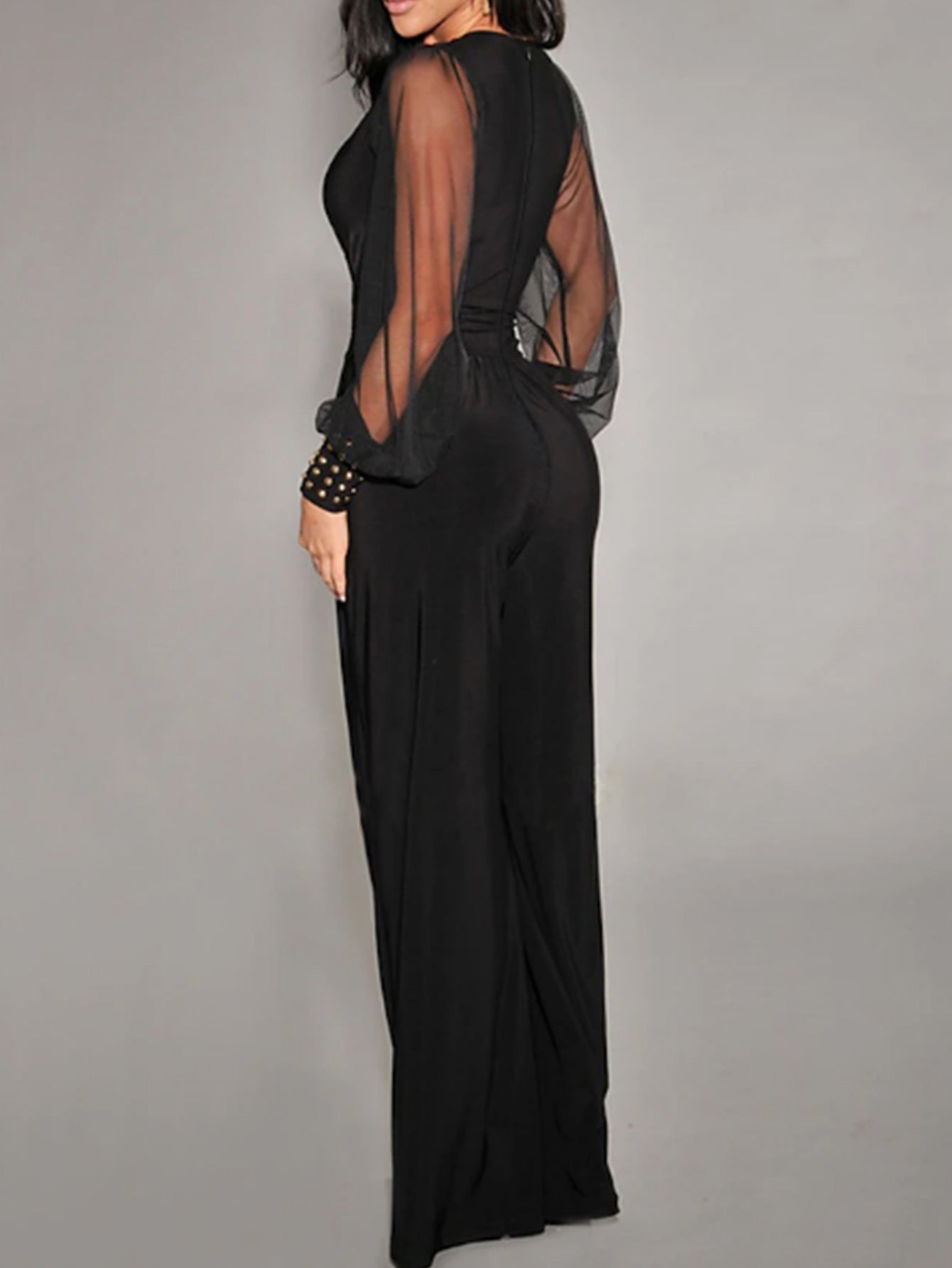 Women Wear V neck Mesh Stitching Rivet Long Sleeve Loose Jumpsuit Women Clothing