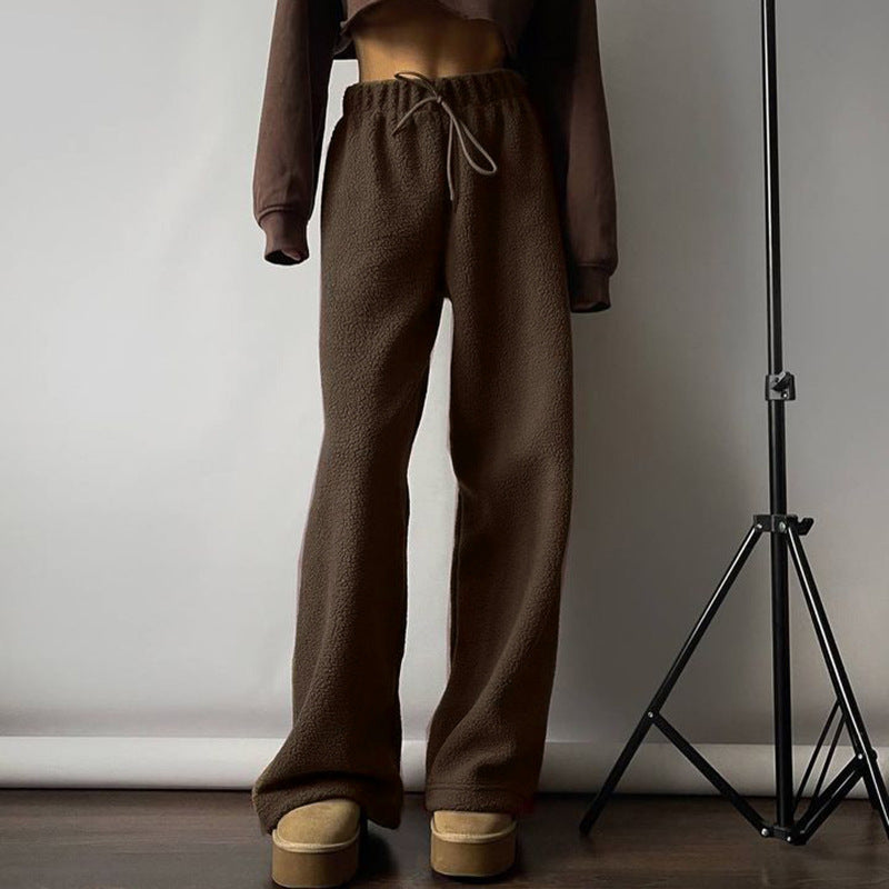 Autumn Winter Comfortable Warm Polar Fleece Elastic Waist Drawstring Design Solid Color All Matching Casual Trousers