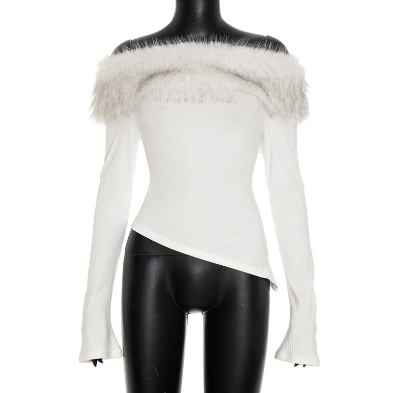 Women Clothing Fall Sexy Furry Stitching Long Sleeve off Shoulder Asymmetric Top