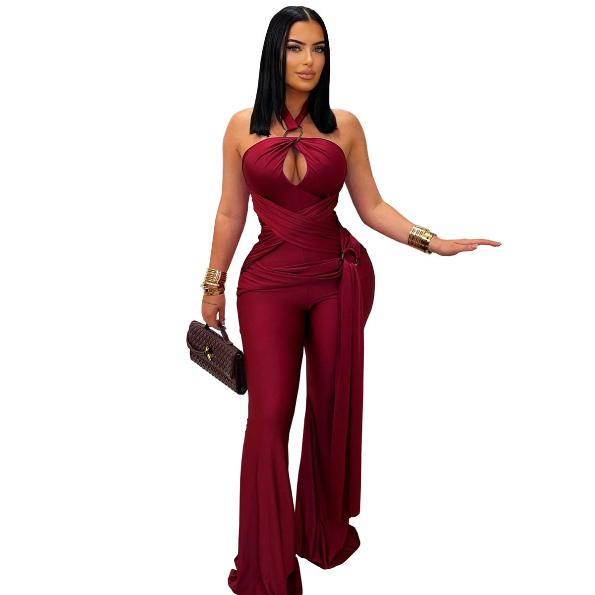 Women Wear Solid Color Elegant Halter Wide Leg Arm Covering Jumpsuit