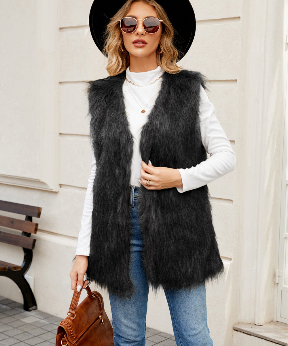 V neck Women Faux Fur Coat Vest Top Artificial Fur Vest