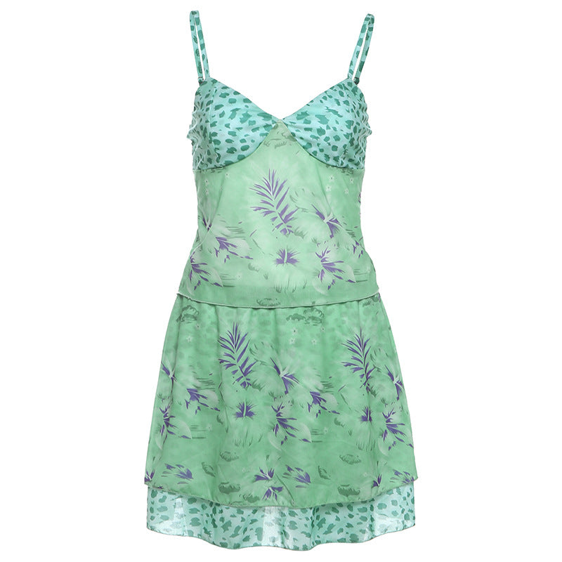 Spring Summer Sexy Exposed Cropped Printed Sling Top High Waist Stitching Skirt Outfit