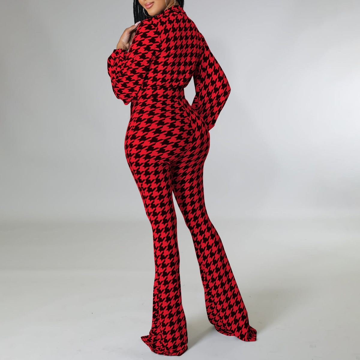 Women Clothing Autumn Winter V Neck Puff Sleeve Waist Trimming Printing Wide Leg African Jumpsuit