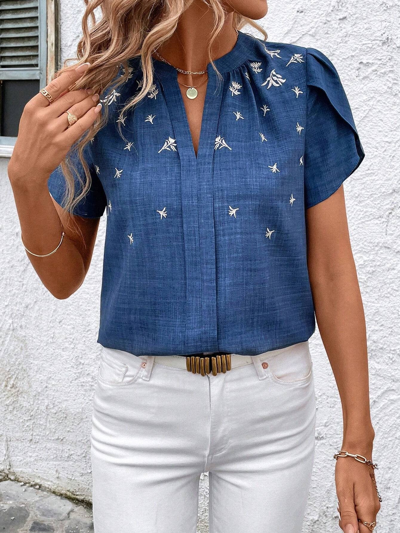 Spring Summer Half Open Collar Short Sleeve Shoulder Wrinkle Pullover Solid Color Printing Shirt T Top for Women
