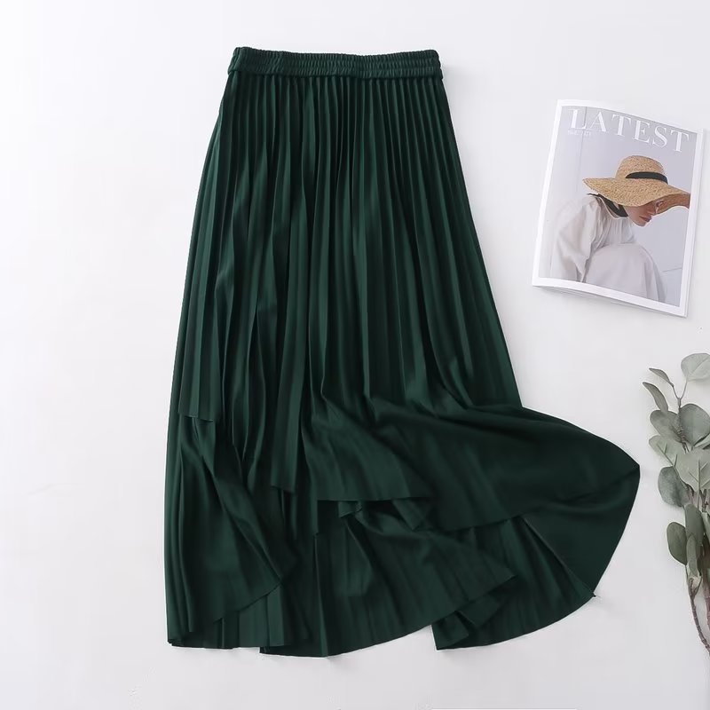 Pleated Skirt Korean Women Clothing Autumn High Waist Elastic Waist Mid Length Skirt
