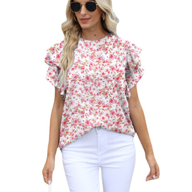 Women Summer round Neck Printed Ruffled Short Sleeves Chiffon Shirt Floral Pullover T shirt