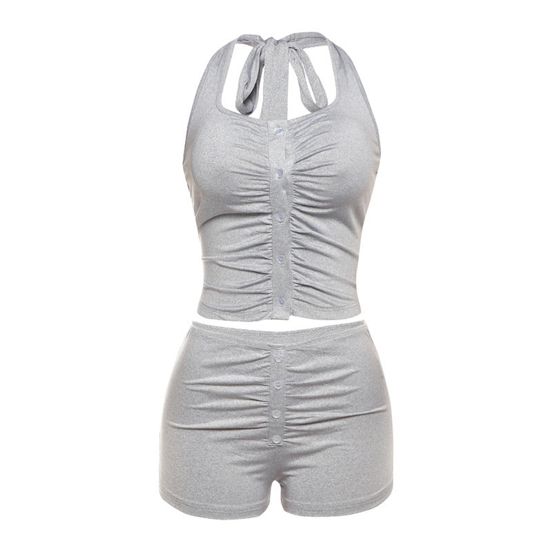 Summer Women Clothing Sexy Halter Lace up Pleated Suspender Vest Slim Fit Buttoned Shorts Set