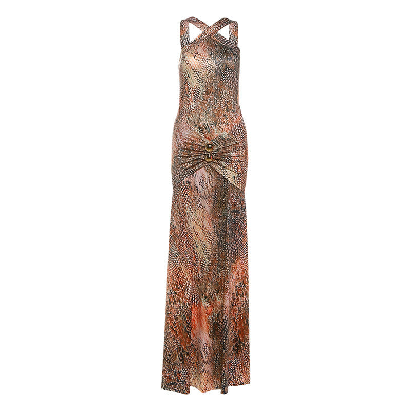 Fall Women Clothing Elegant Slim Pleated Print Maxi Dress Sling Dress