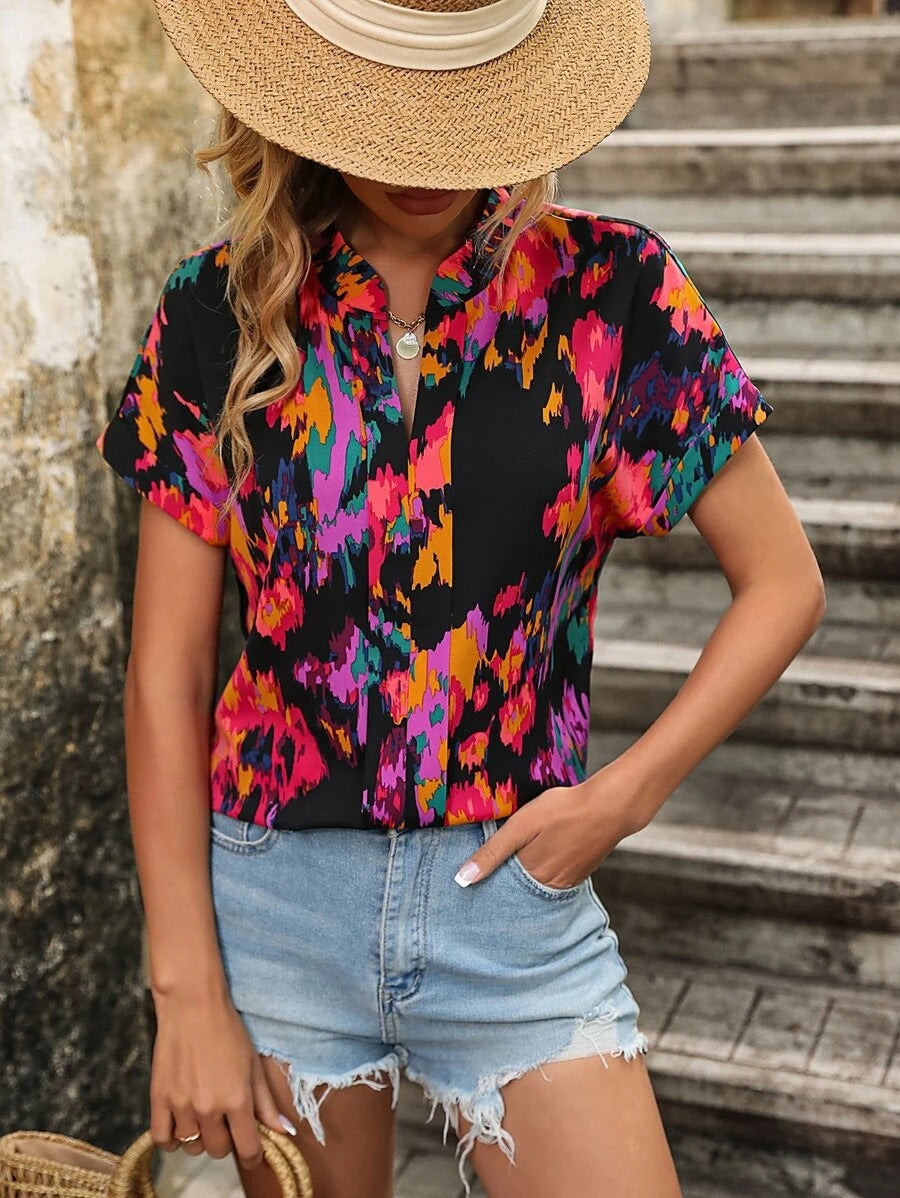 Women Clothing Summer Painted Color Printing V neck Short Sleeve Women Top