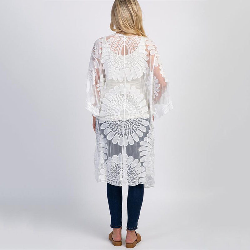 Lace Sunfower Embroidered Beach Cover-up Sexy Cardigan Outer Sunscreen Beach Cover Up