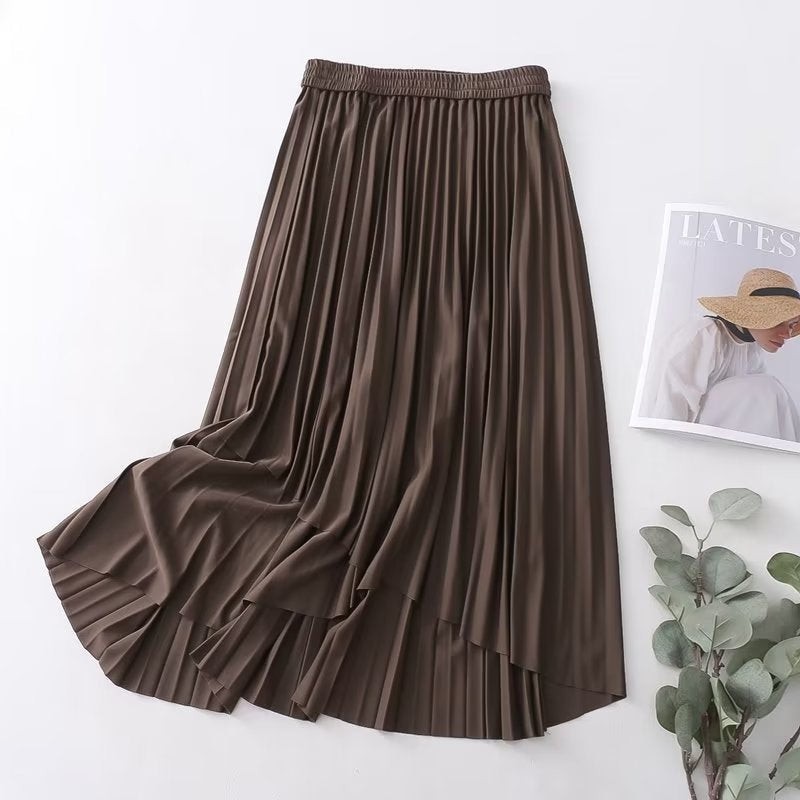 Pleated Skirt Korean Women Clothing Autumn High Waist Elastic Waist Mid Length Skirt