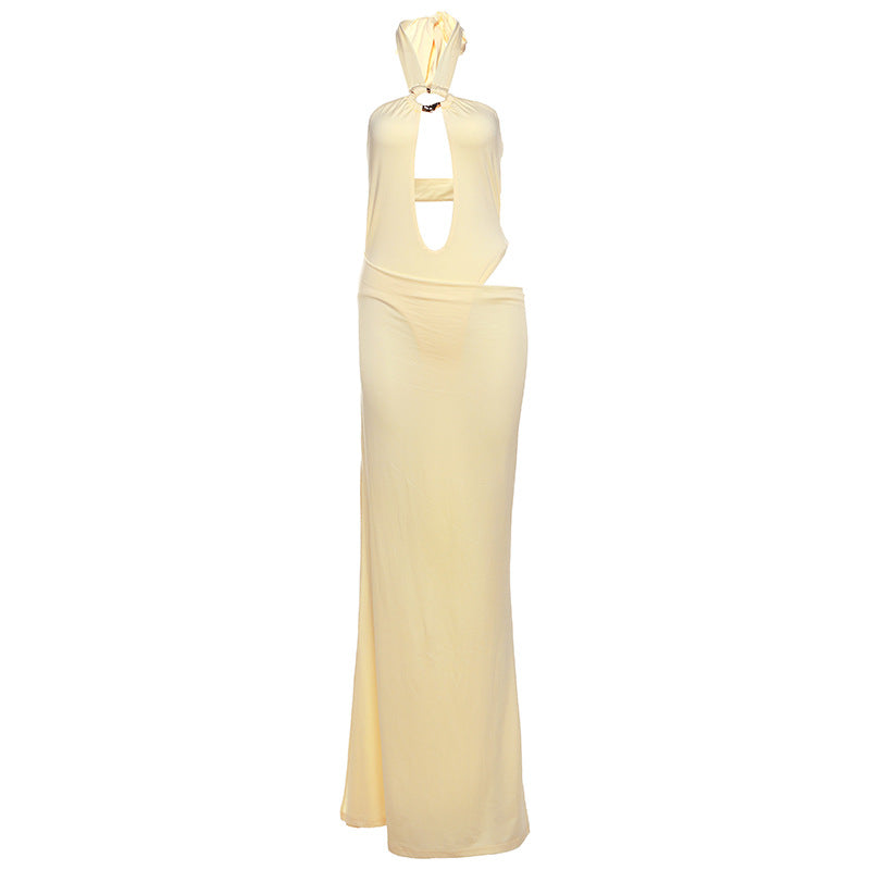 Summer Women Clothing Solid Color Sexy Cutout Halter Slim Fit Jumpsuit Sheath Skirt Set