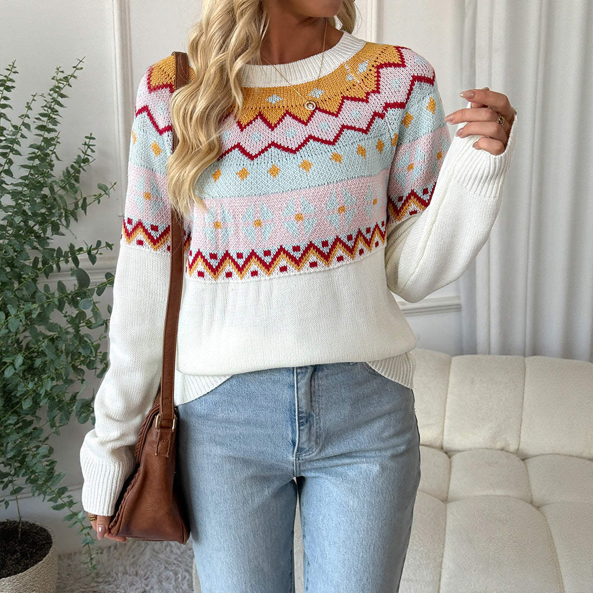 Autumn Winter Bottoming Shirt Casual Loose Contrast Color Jacquard Long Sleeve round Neck Sweaters Women Clothing