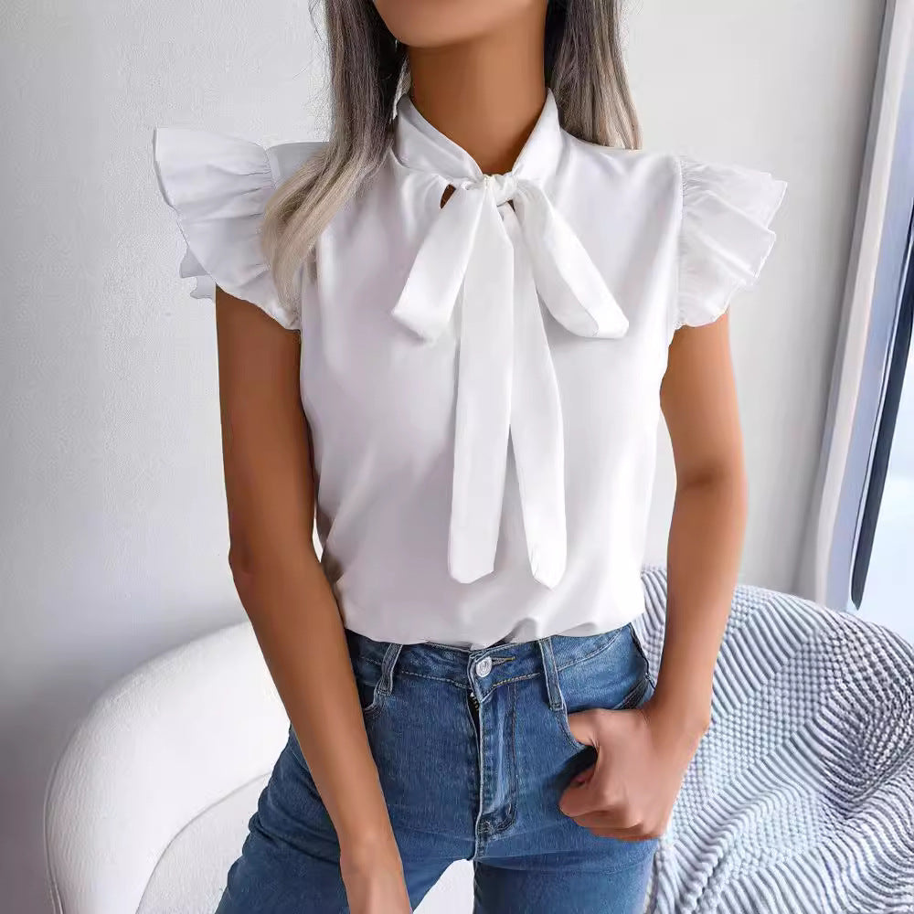 Summer Women Solid Color Stringy Selvedge Lace up Bow Shirt Top