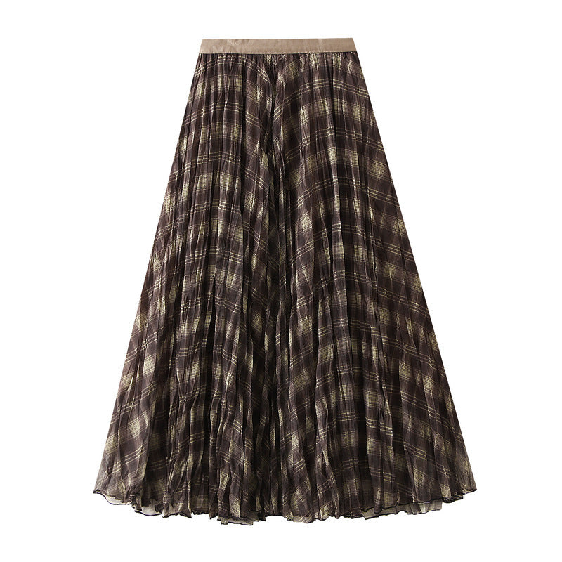 Fall Brown Plaid Skirt Women High Grade A line Large Hem High Waist Slimming Mid Length Skirt