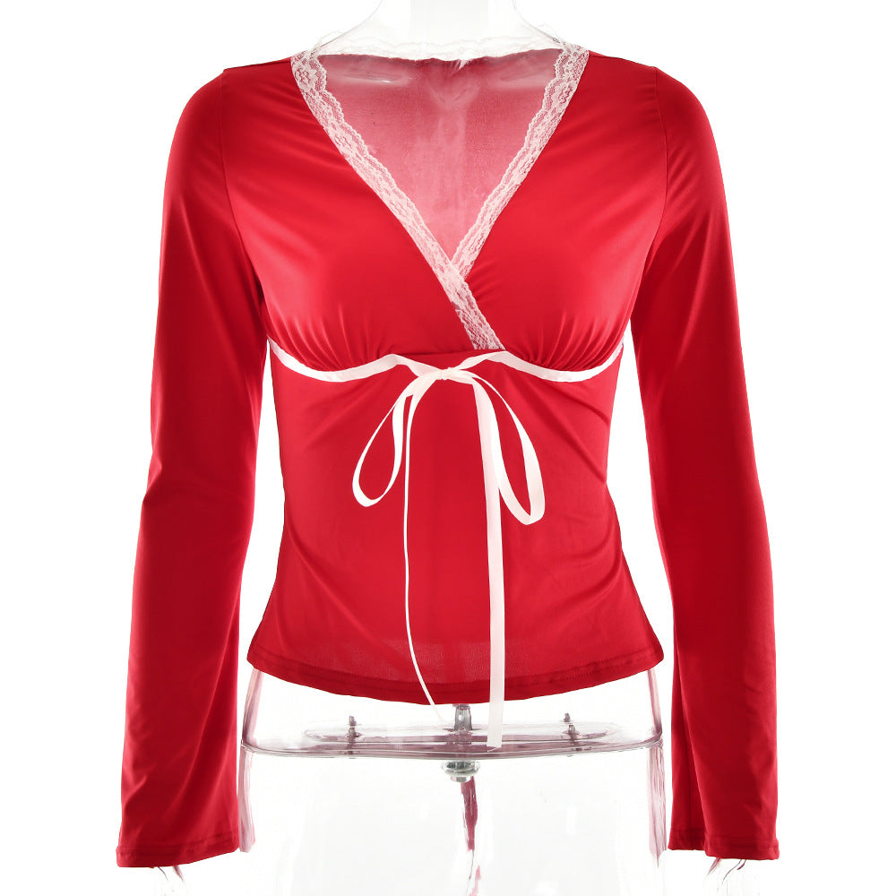 Women Tops V neck Lace Bow Long Sleeve Sexy Slim T shirt