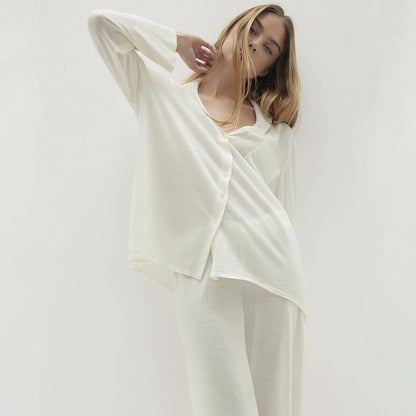 Comfort Knitted Loose Cardigan Long Sleeve Pants Pajamas Women Casual Simple Home Wear