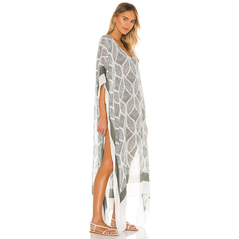 Sun Protective Clothing Women Square Geometry Printed V Neck Pullover Beach Cover Up Swimsuit Outwear Women