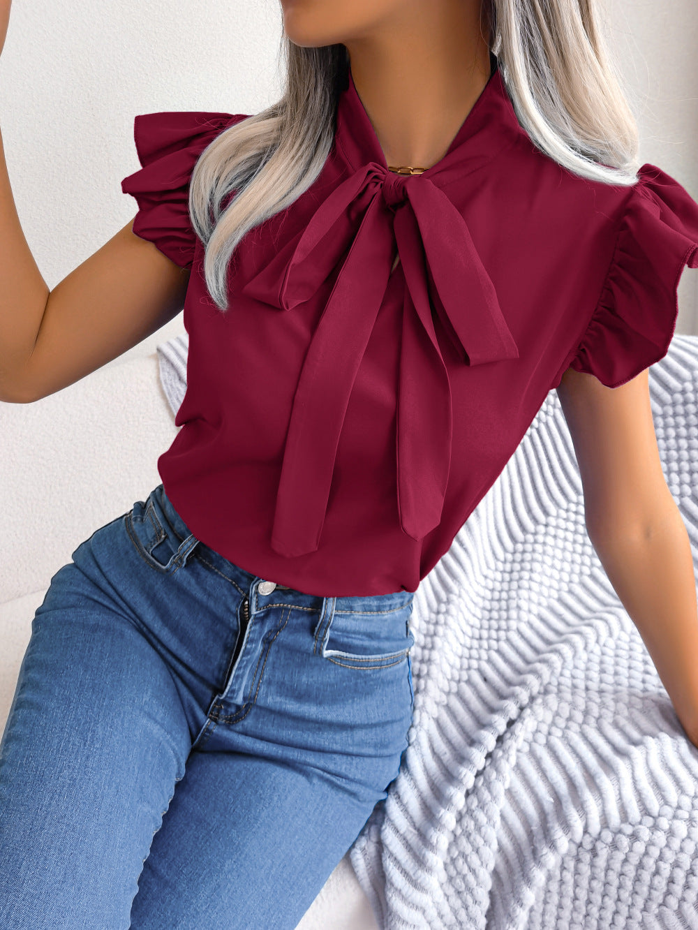 Spring Summer Office Stringy Selvedge Lace up Bow Chiffon Shirt Women Clothing