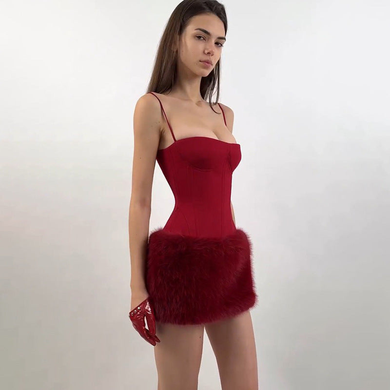 Spring Summer Arrival Christmas Year Sexy Spaghetti Straps Corset Plush Sheath Dress Short Women