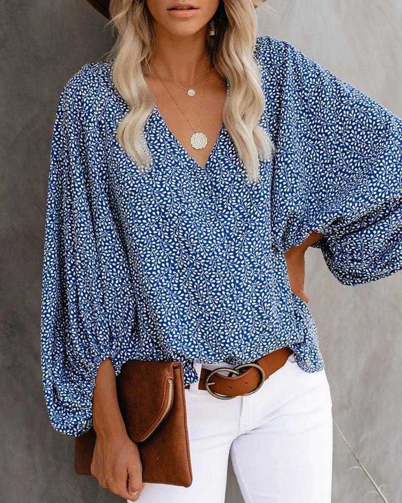 Spring Summer Women V-neck Lantern Sleeve Printed Long-Sleeved Top