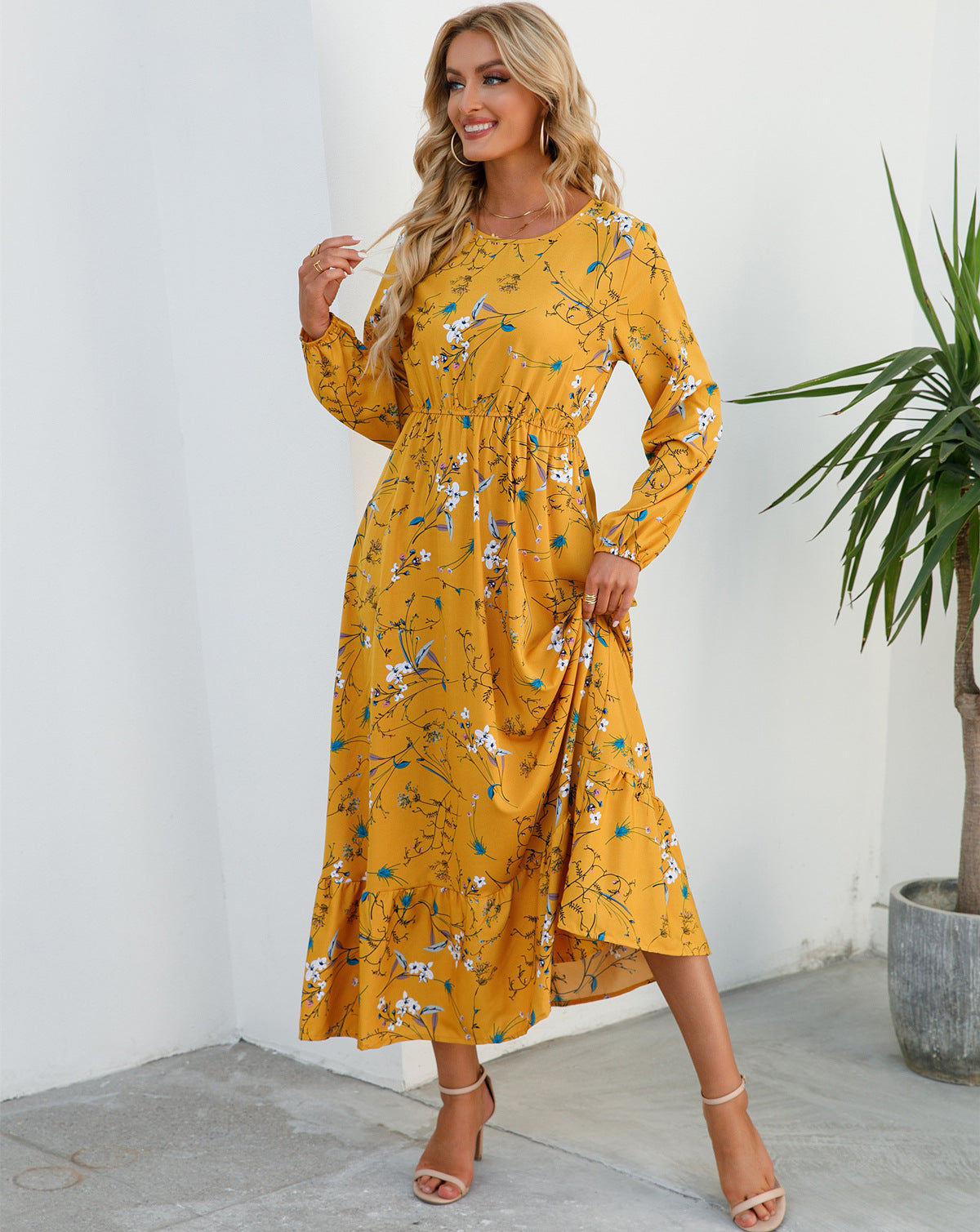 Spring and Autumn floral chiffon dress waist thin long sleeve round neck long printed skirt children