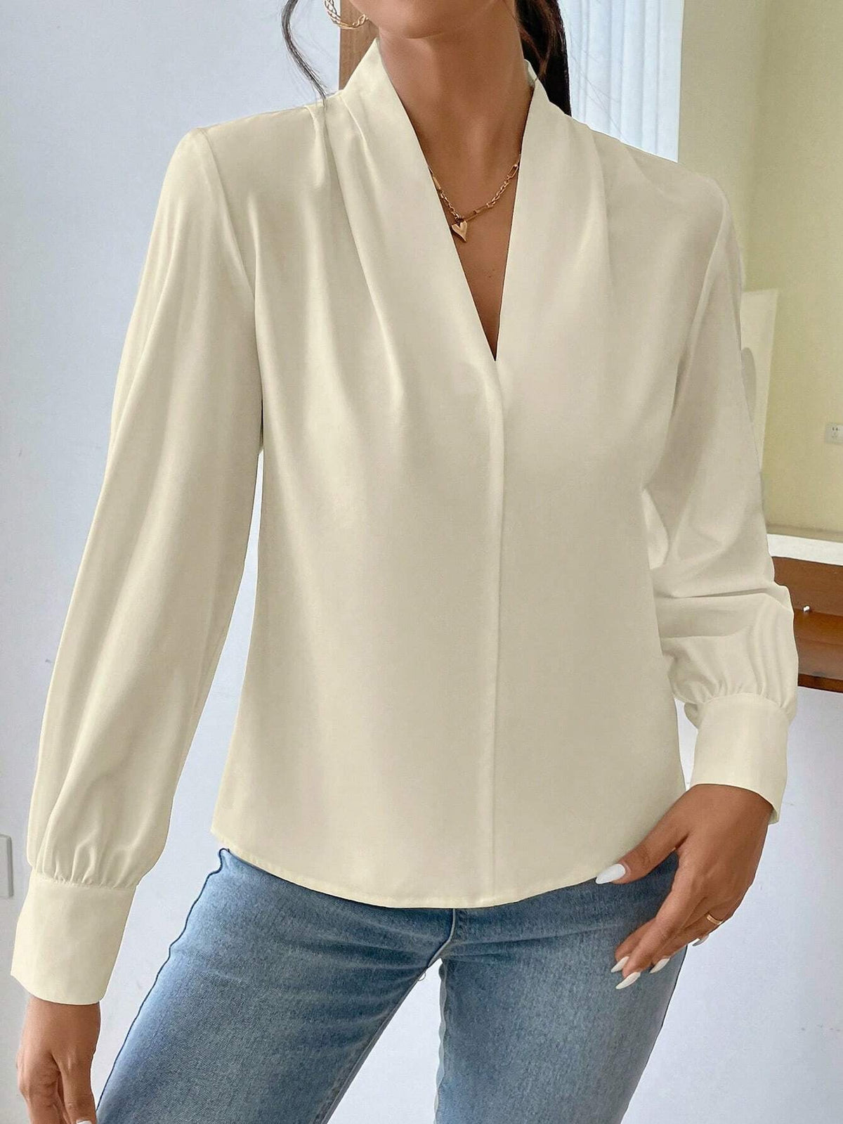 Spring Autumn Winter Long Sleeve Shirt Design V neck Solid Color Loose Top Autumn Shirt