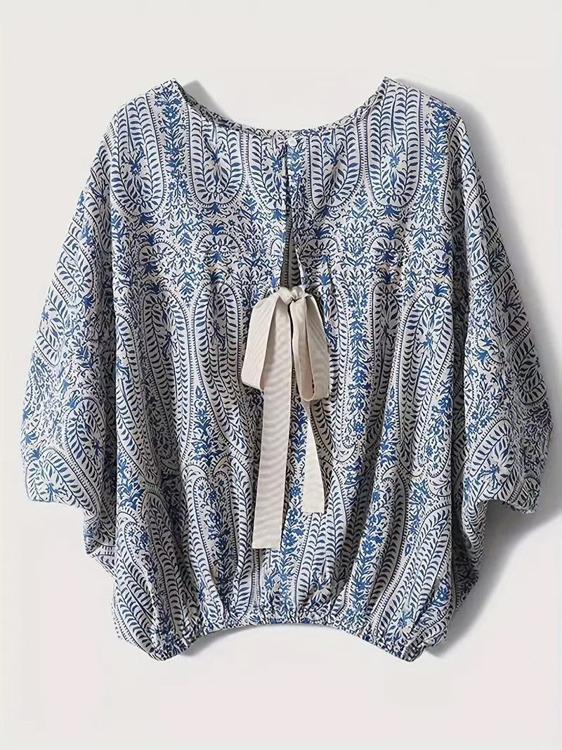 Summer Refreshing Imitation Mulberry Silk Cotton Batwing Sleeve Back Bow Shirt Top Women