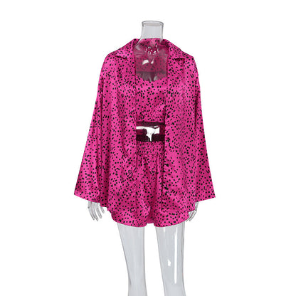 Autumn Satin Polka Dot Printed Homewear Underwear Shorts Outerwear Gown Three Piece Pajamas