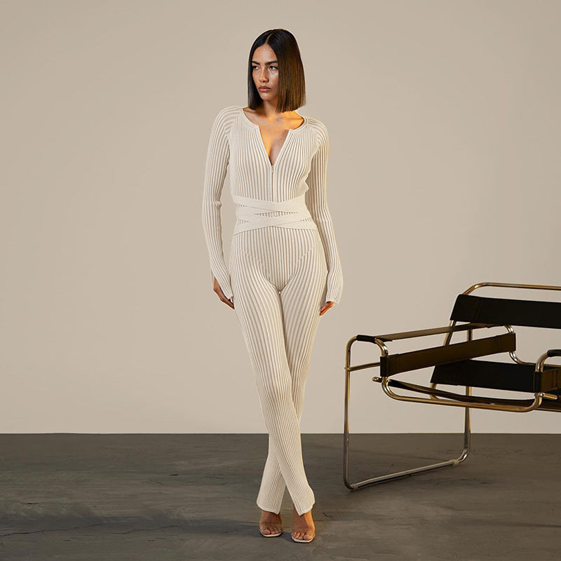 Fall Women Clothing Sexy Thread Tied High Waist Trousers Casual Tight Jumpsuit