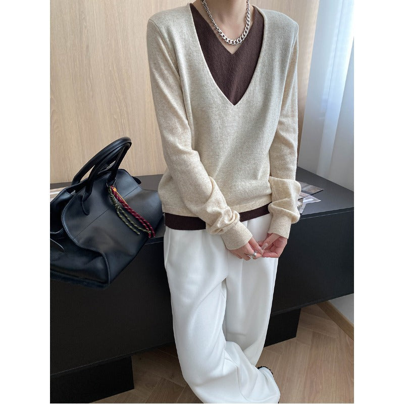 Early Autumn Contrast Colors False Two Piece V neck Loose Slimming Lazy Sweater