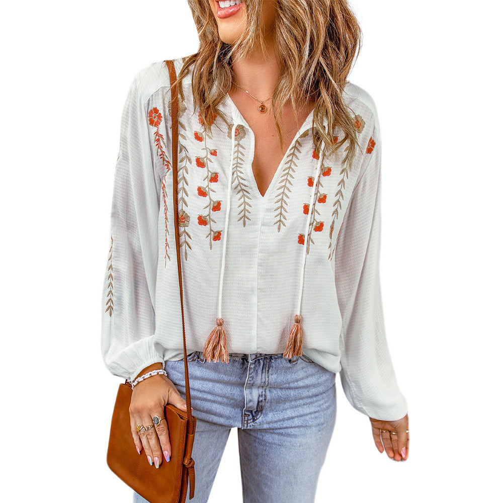 Floral Embroidered V neck Pullover Shirt Women Tassel Lace up Long Sleeve Chiffon