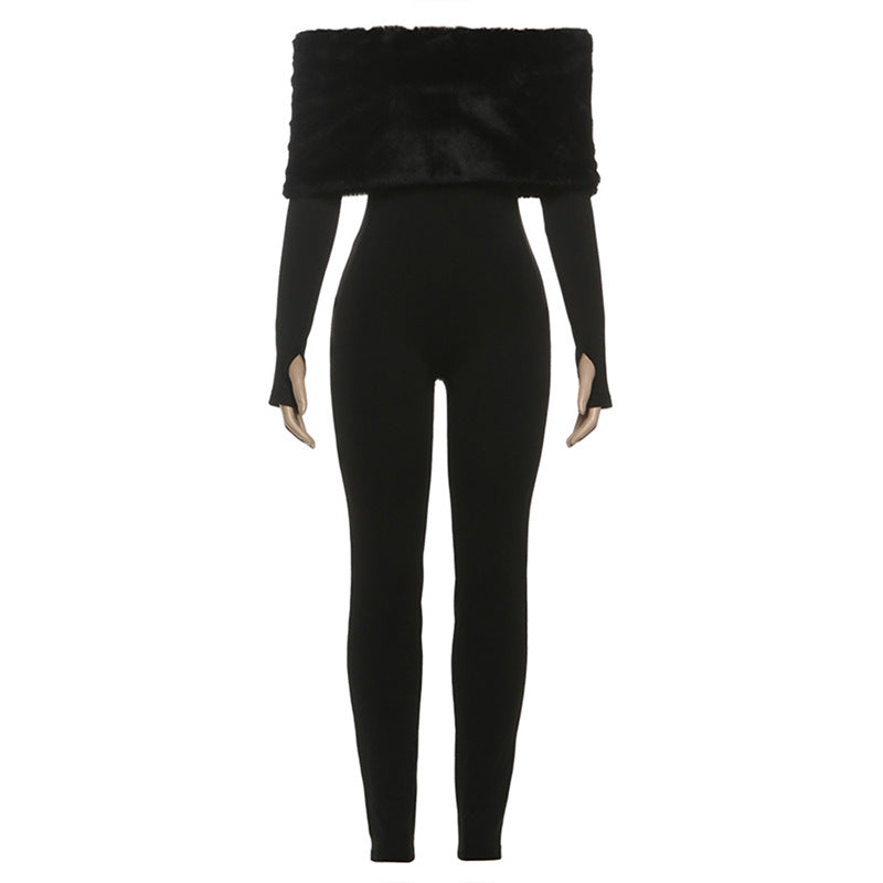 Winter Women Clothing Sexy off the Shoulder Furry Slim Fit Patchwork Jumpsuit Women