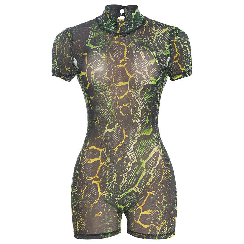 Spring Summer Women Print See through Slim Fit Sexy Backless Jumpsuit