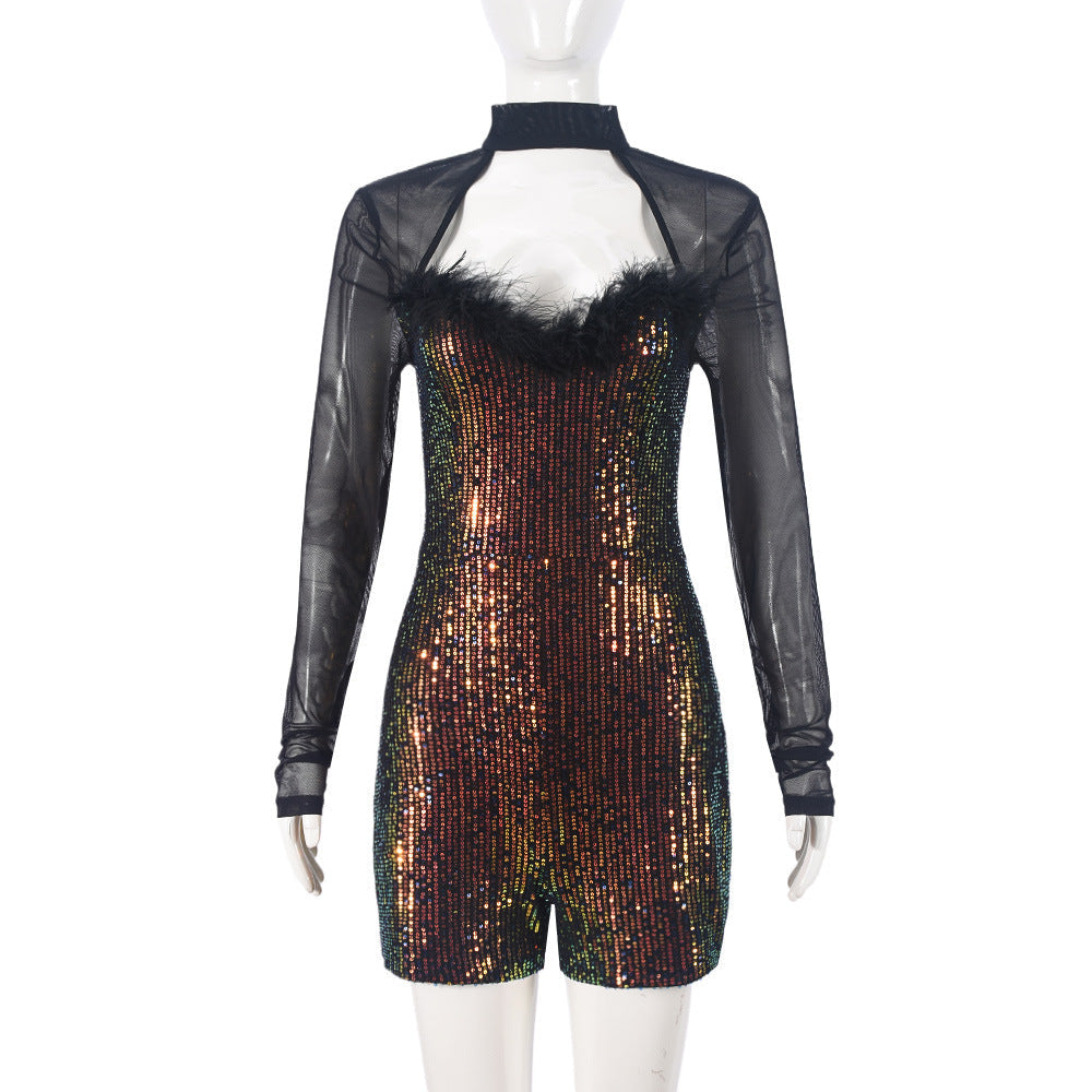 Autumn Christmas Element Long Sleeve Cutout Half Turtleneck Sequin Stitching Mesh Jumpsuit