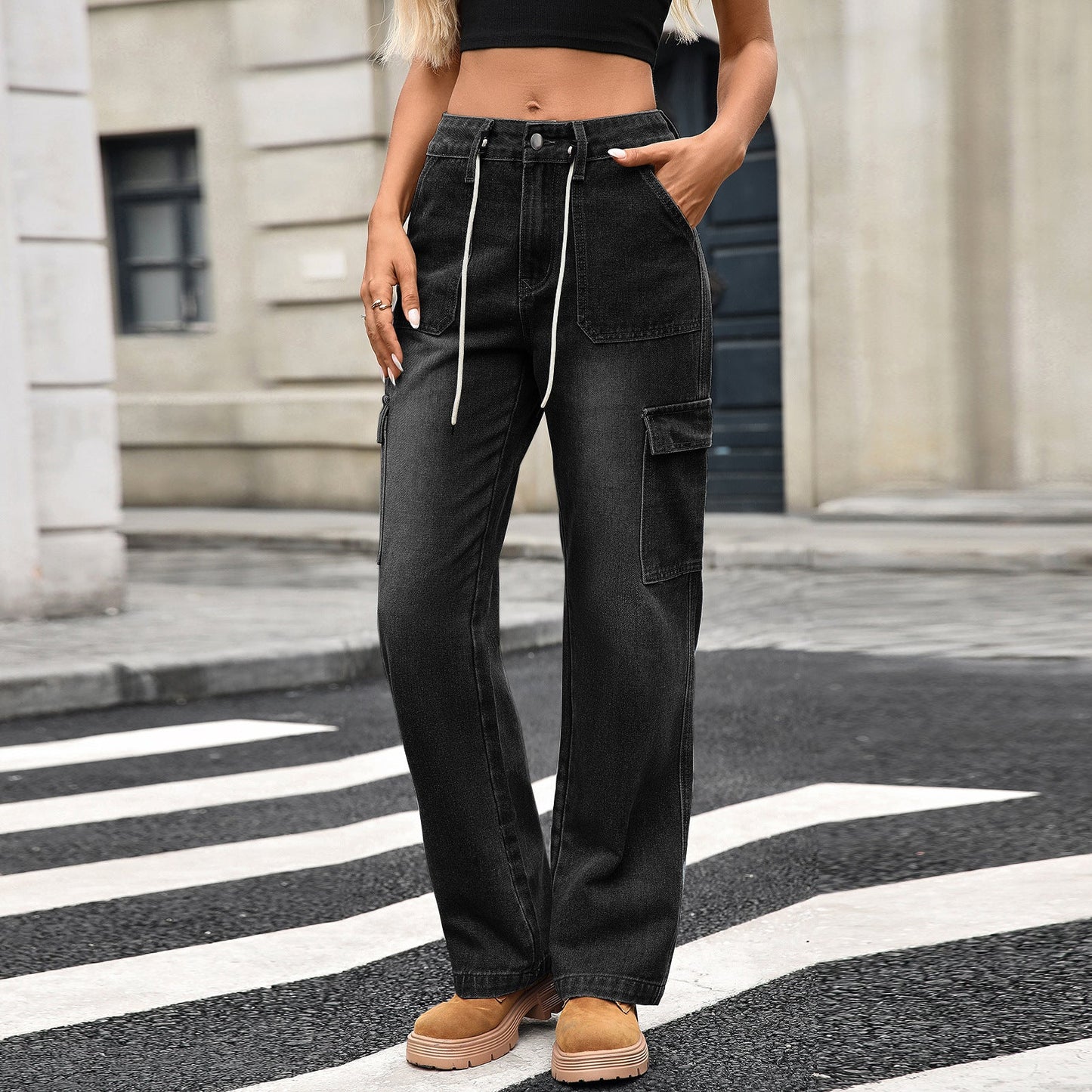 Straight Jeans Women Casual Lace up Multi Pocket Work Pants Jeans