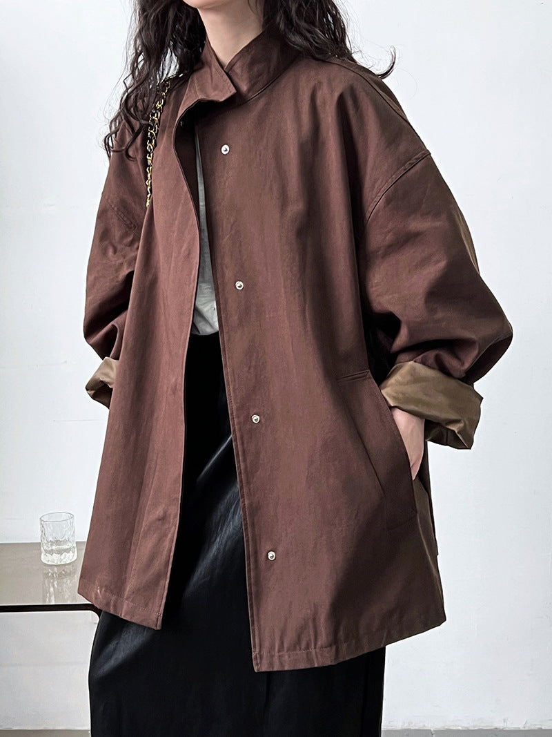 High Grade Profile Stand Collar Trench Coat for Women Idle Japanese Minimalist Oversize Coat