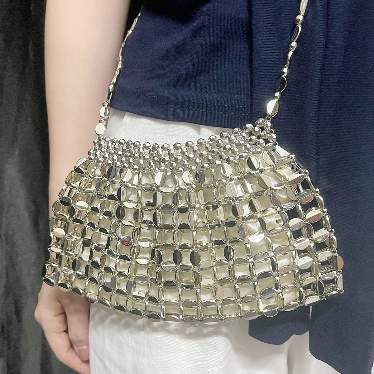 Metal Beaded Women Bag Hollowed out Hand Woven Exposure Bag Bags Woven Dumplings