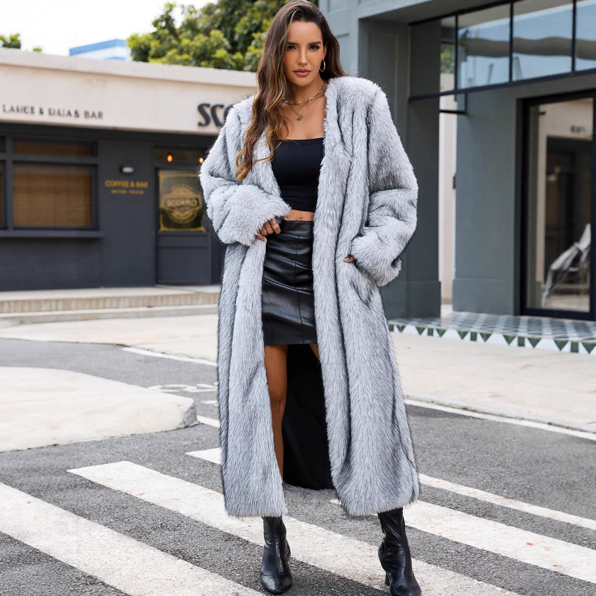V neck Long Faux Fur Coat Overcoat Women Autumn Winter Plush Warm Coat