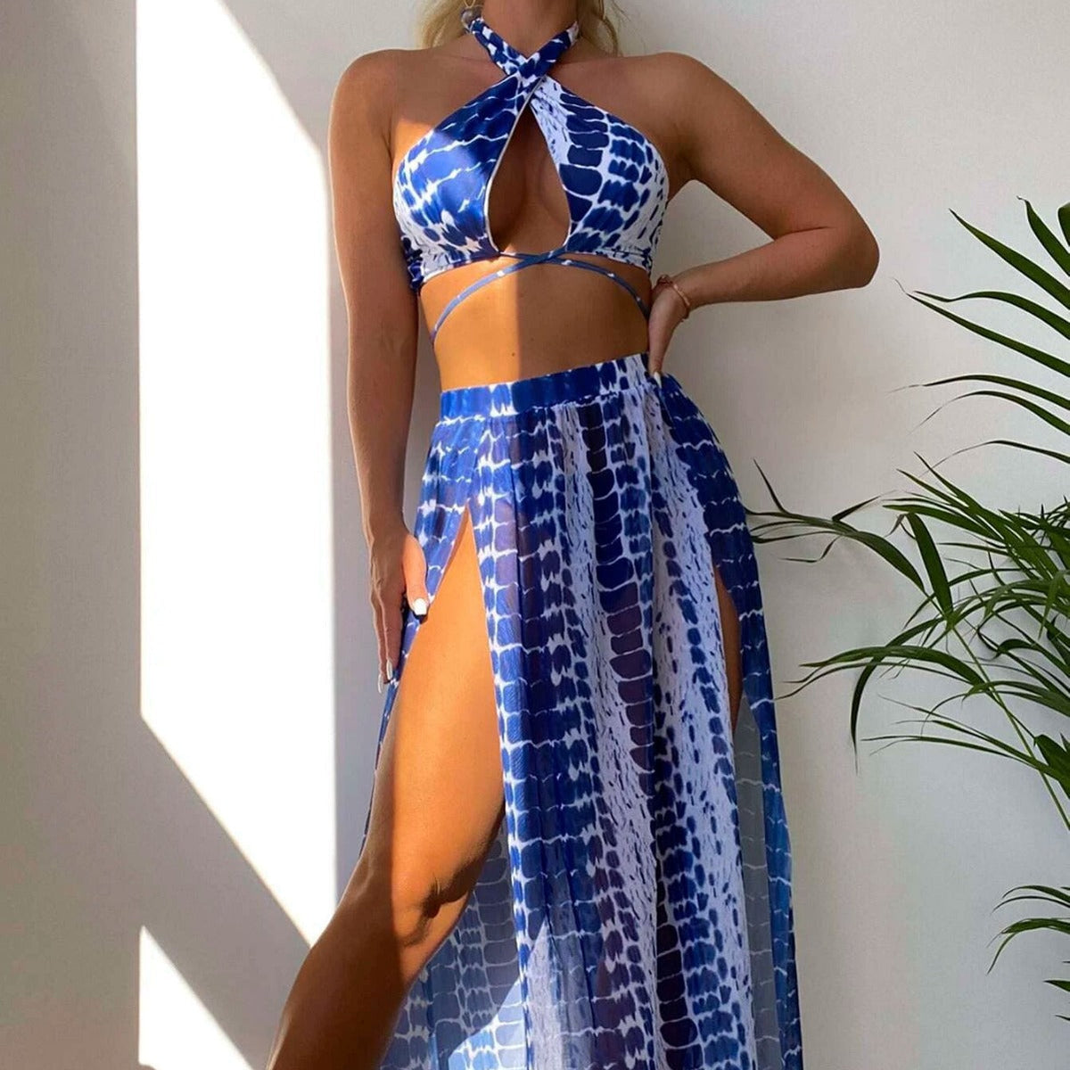 Sexy Printed Two Piece Swimsuit for Women with Split Bikini Three Piece Set