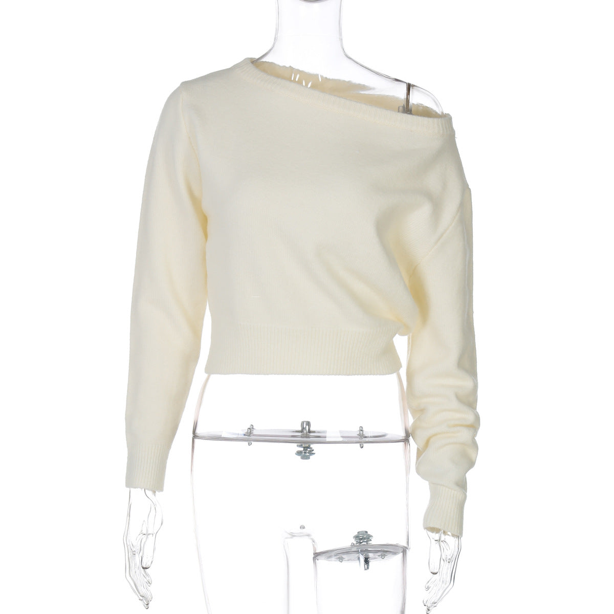Women Clothing Summer Simple Elegant Slim Fit Sexy Cropped Diagonal Collar Long Sleeve Top