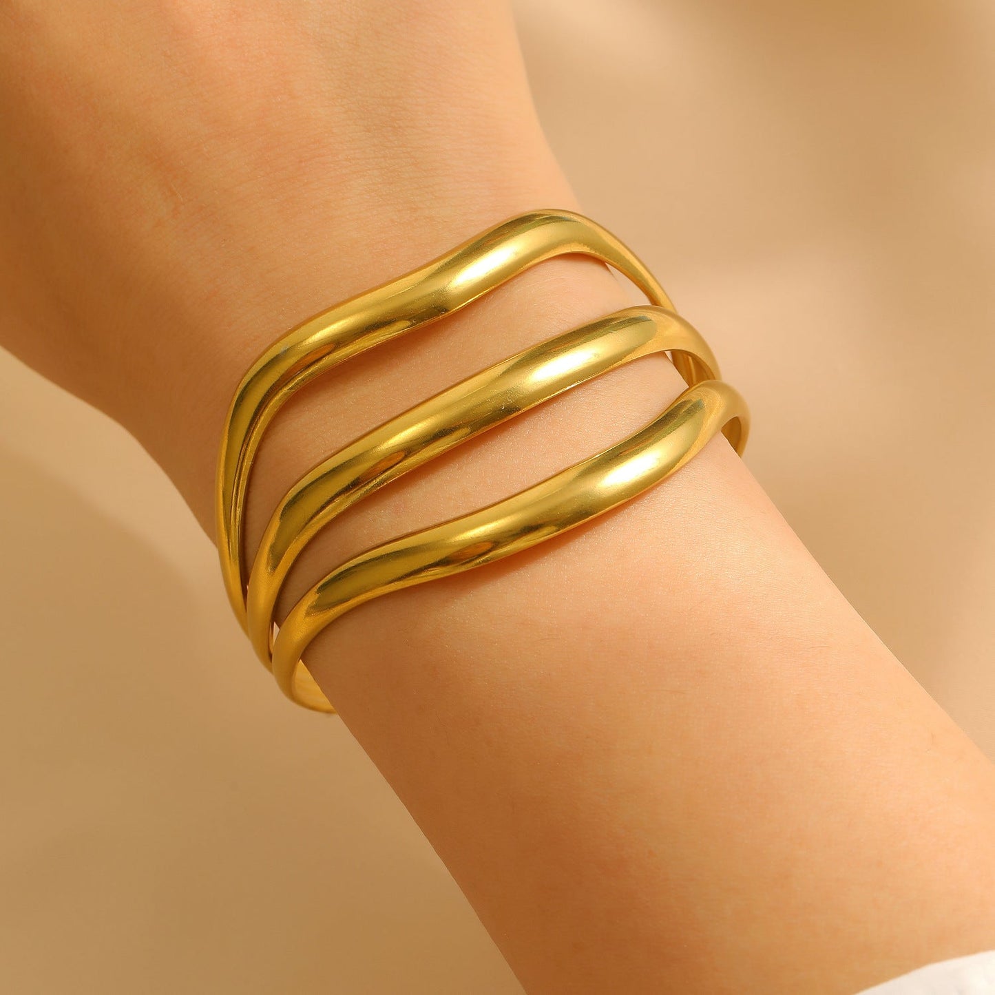Exaggerated Vintage Stainless Steel Multi-Layer Wavy Ring & Bangle Set Party Banquet