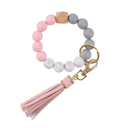 PU Tassel Keychain Bag charm Silicone Beaded Keychain Wristlet Key Ring Bracelet Cute Car Key Chain Holder for Women Girls