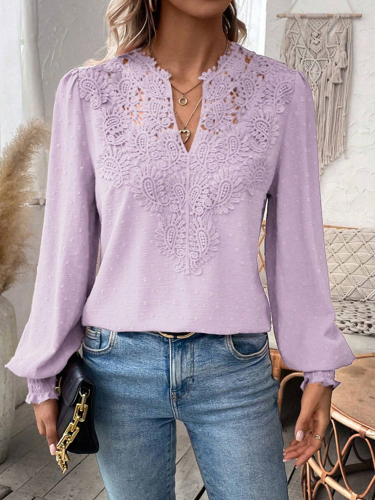 Autumn Winter V neck Lace Solid Color Long Sleeve Casual T Women Top
