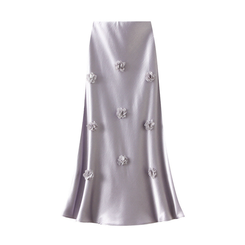 Chinese Three Dimensional Floral Long Skirt Summer Satin Slimming Dress Maxi Dress