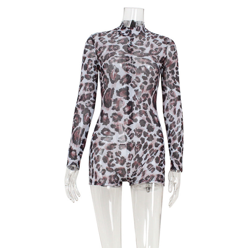 Women Sexy round Neck Long Sleeve Leopard Print High Elastic Jumpsuit Romper Women
