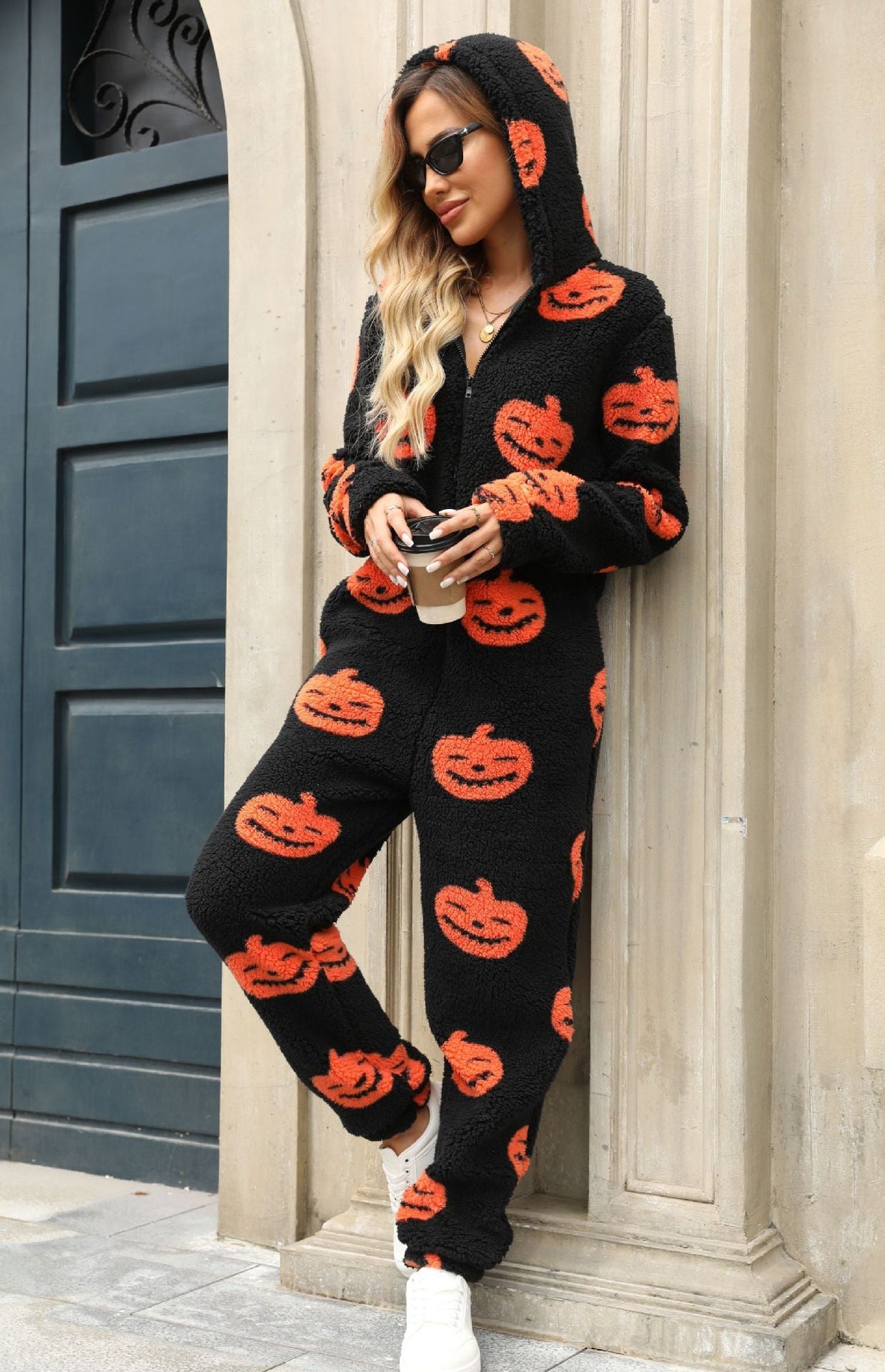 Women Clothing Autumn Winter Halloween Pumpkin Print Loose Zip Plush Jumpsuit