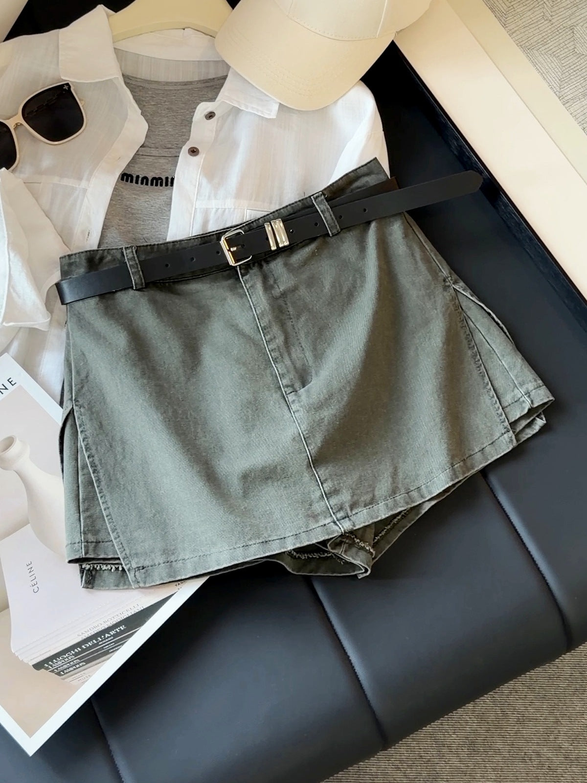 Retro Workwear High Waist Slimming Denim Short Culotte Women Autumn Anti Exposure A line Short Skirt