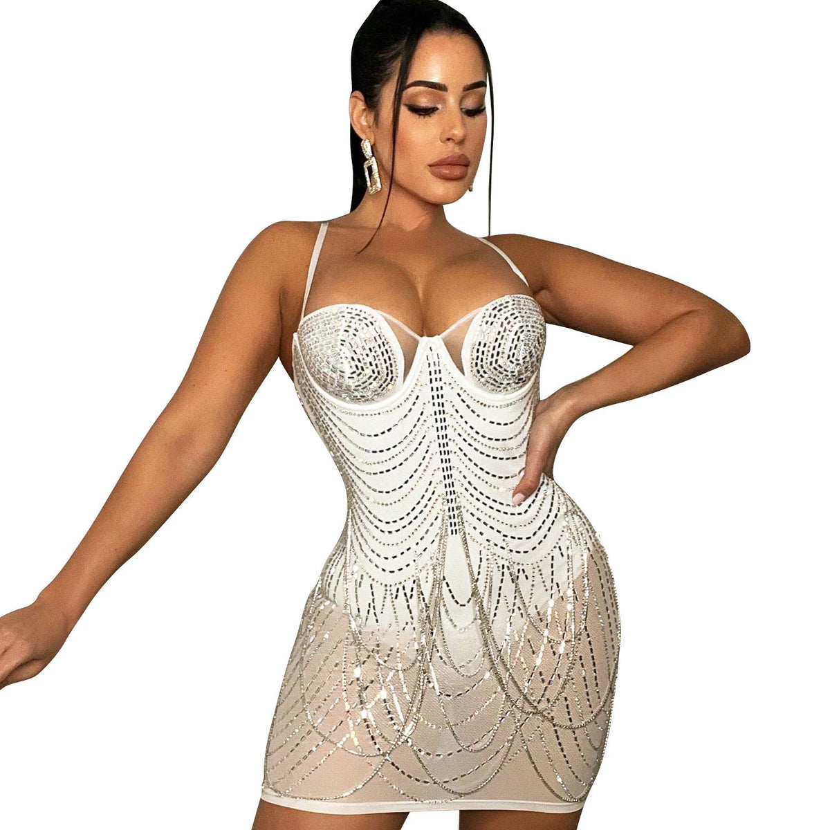 Summer Women Clothing Nightclub Sexy Mesh Drilling Tassel Cami Dress